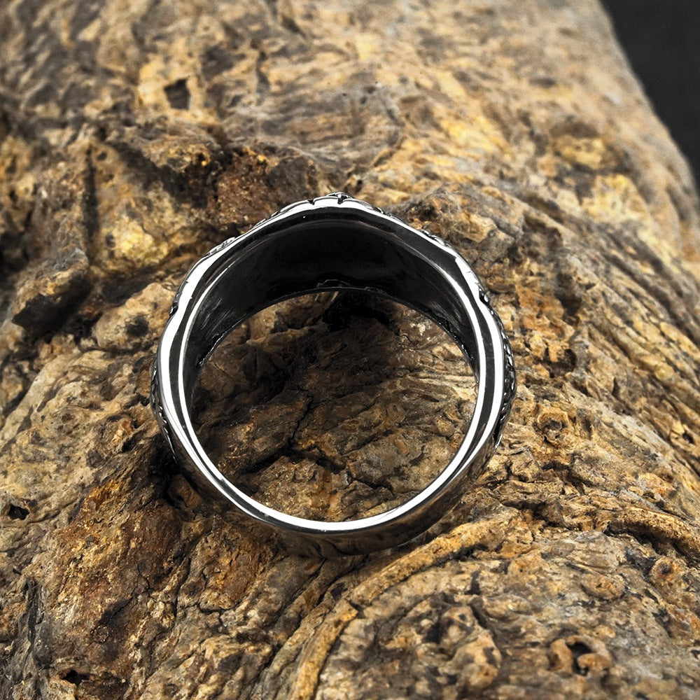 European and American Jewelry Wholesale Men's Titanium Steel Ring Retro Viking Triangle Crow Totem Ring