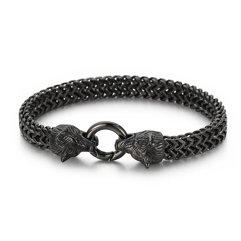 Titanium Steel Men's Bracelet with Double Wolf Head Design in Hip-Hop Style