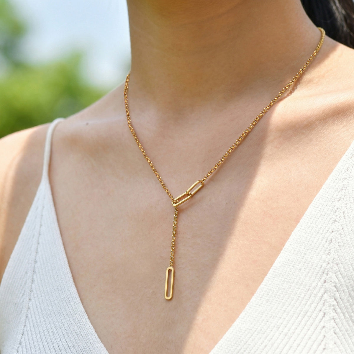 Hollow Stainless Steel Square Adjustable Tassel Style Necklace