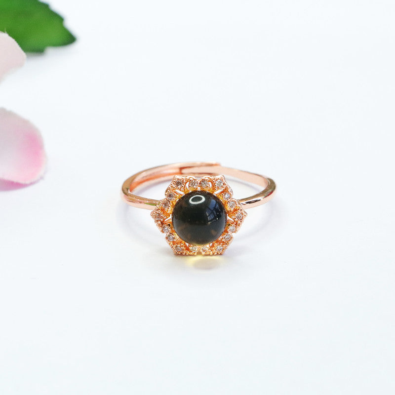 Fortune's Favor Sterling Silver Blue Amber Flower Ring