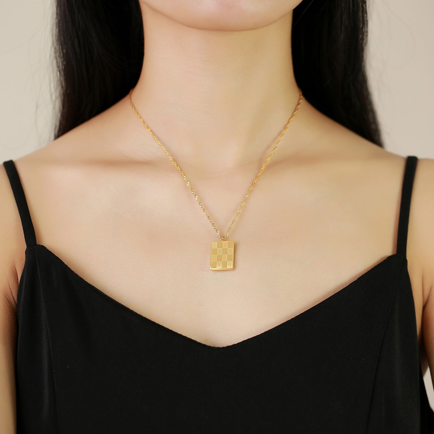 Stainless Steel Gold Checkerboard Geometric Pendant Necklace