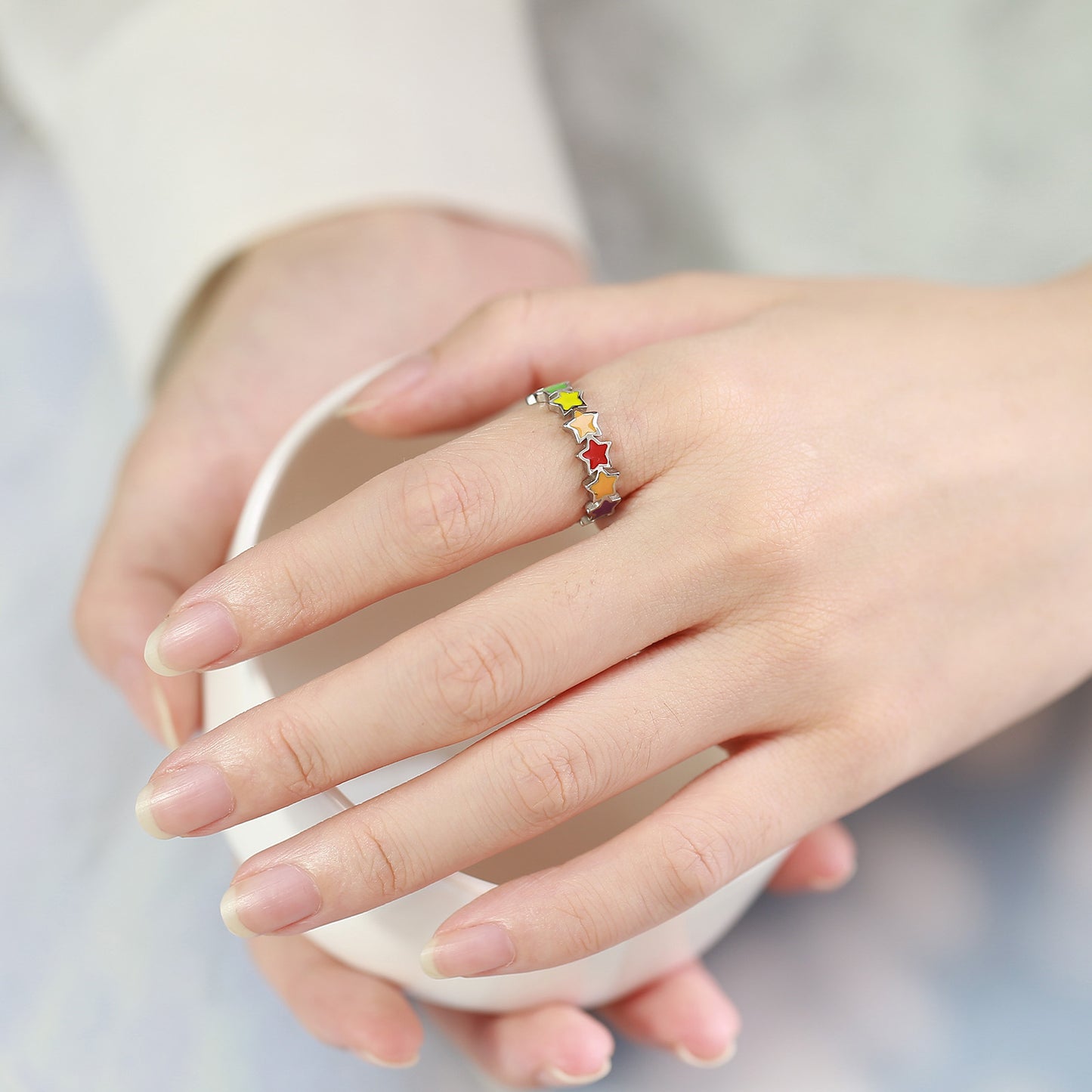 European And American New Color Ring Personalized Fashion Stainless Steel Five-Pointed Star Rainbow Ring
