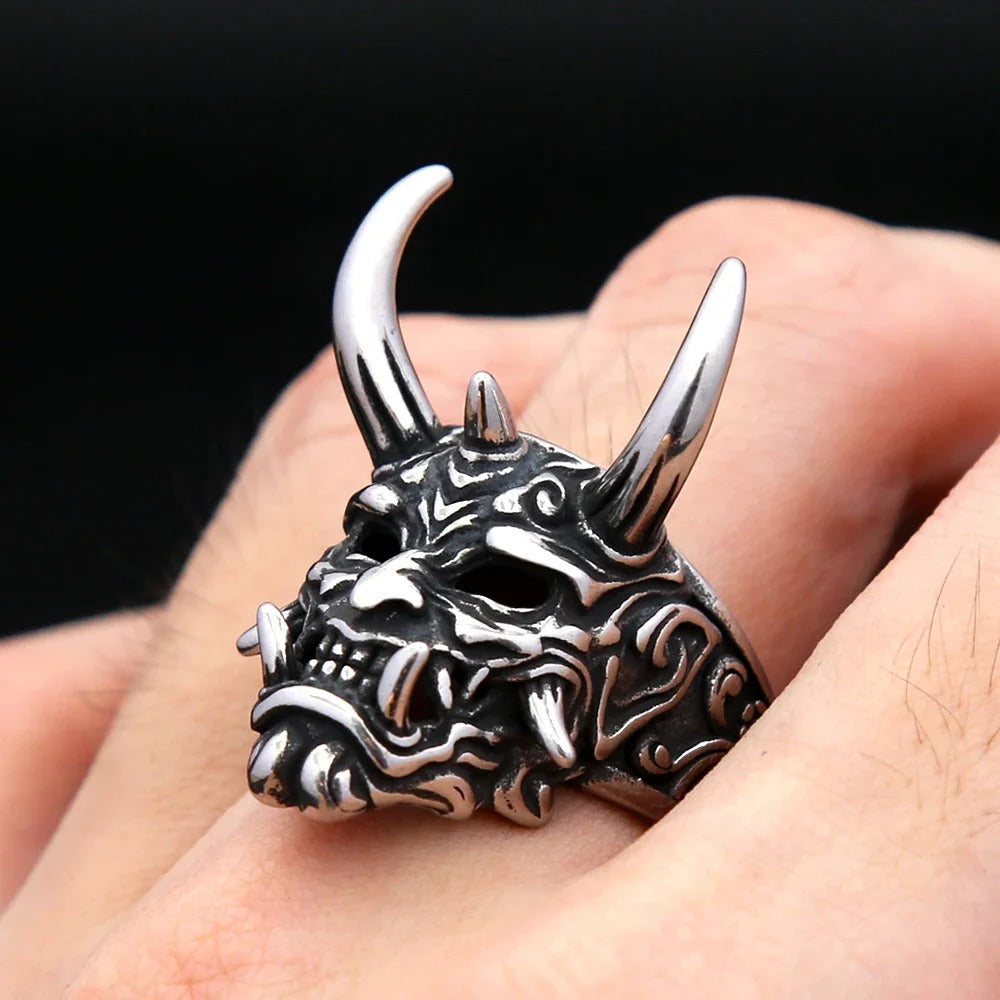 Planderful Titanium Steel Ring For Men Prajna Mask Ghost Head Retro Bold Jewelry