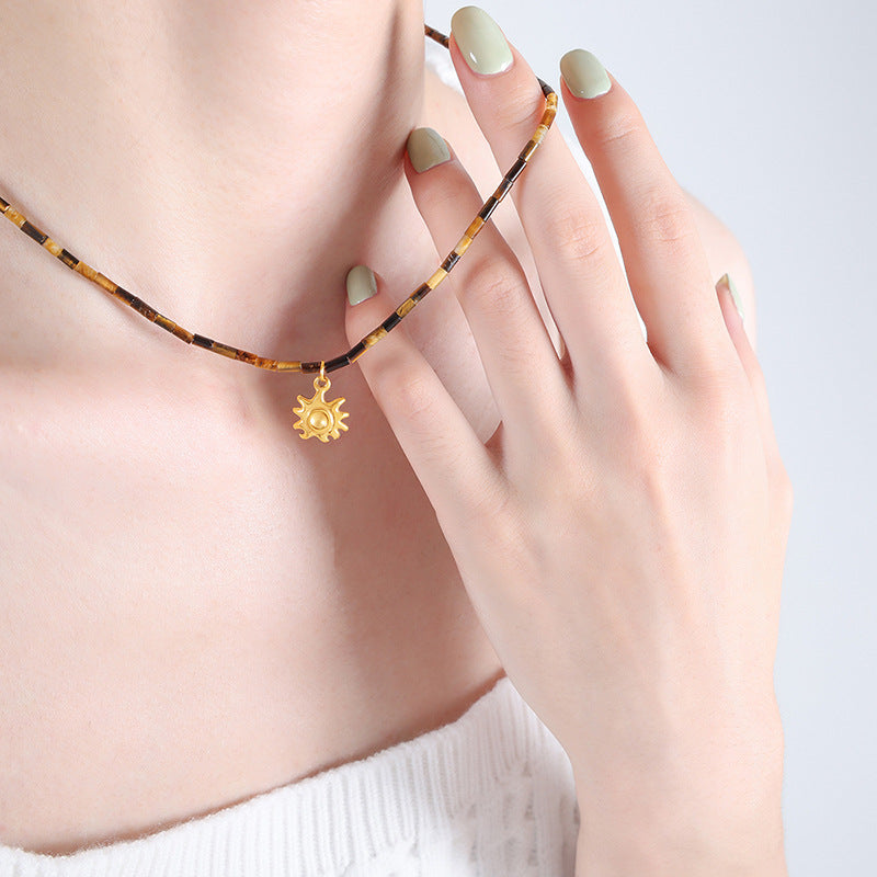 Tiger Eye Beaded Titanium Necklace with Sun Pendant - Niche Design
