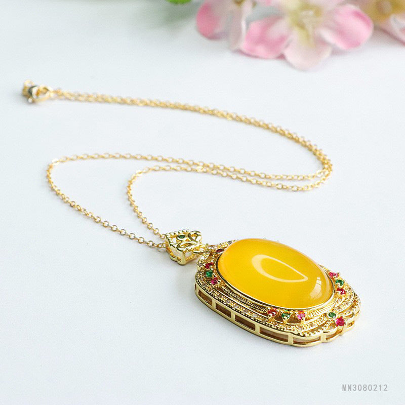 Yellow Chalcedony Vintage Oval Pendant — No Chain