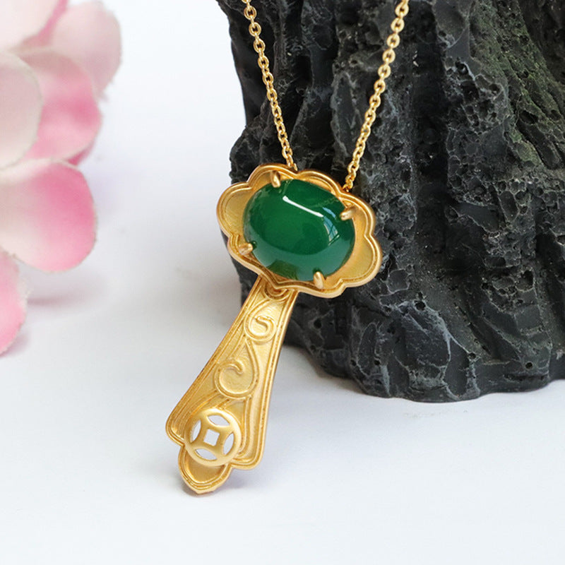 Chinese New Jewelry: Sterling Silver Oval Green Chalcedony Ruyi Pendant Necklace
