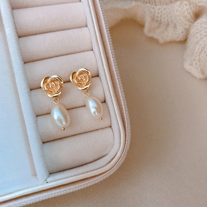 Elegant Rose Pearl Sterling Silver Earrings