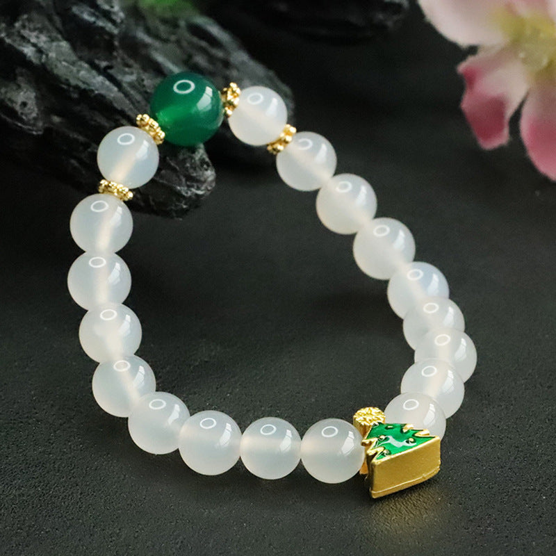 Chalcedony Christmas Tree Charm Bracelet with Sterling Silver Embellishments