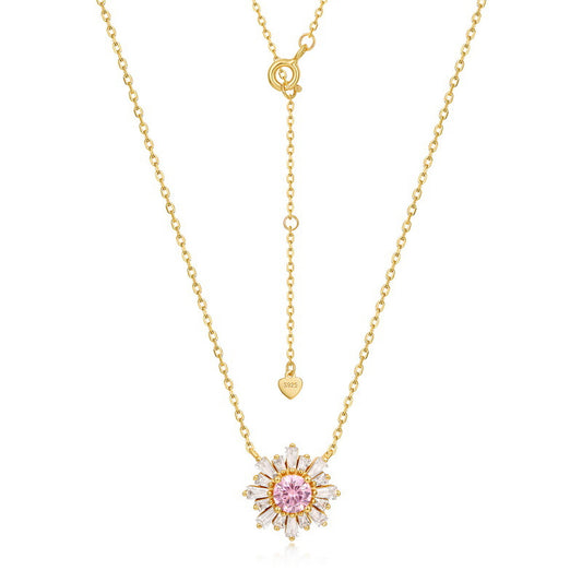 Zircon Pink Sun Flower Pendant Sterling Silver Necklace