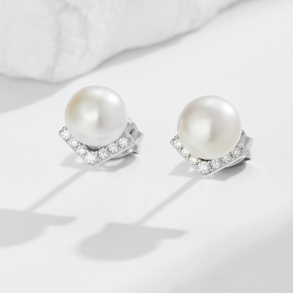S925 Sterling Silver V-Shaped Zircon Inlaid Natural Pearl Stud Earrings French Retro Romantic