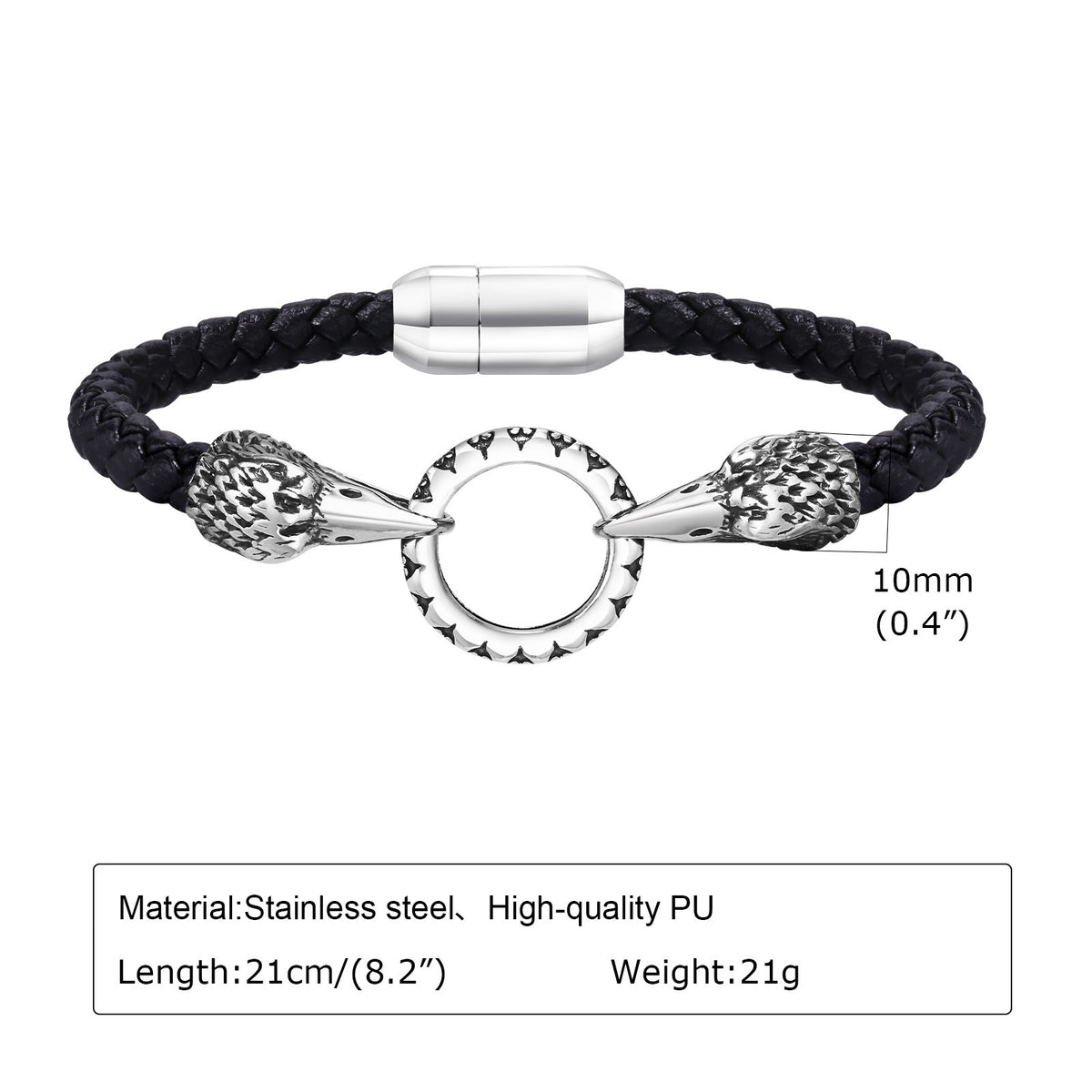 Stainless Steel Chain Microfiber Leather Layered Bracelet Men's Wolf Head Punk