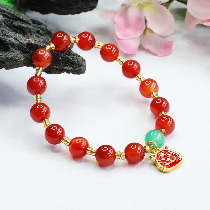 Tiger Head Natural Red Agate and Green Chalcedony Sterling Silver Bracelet