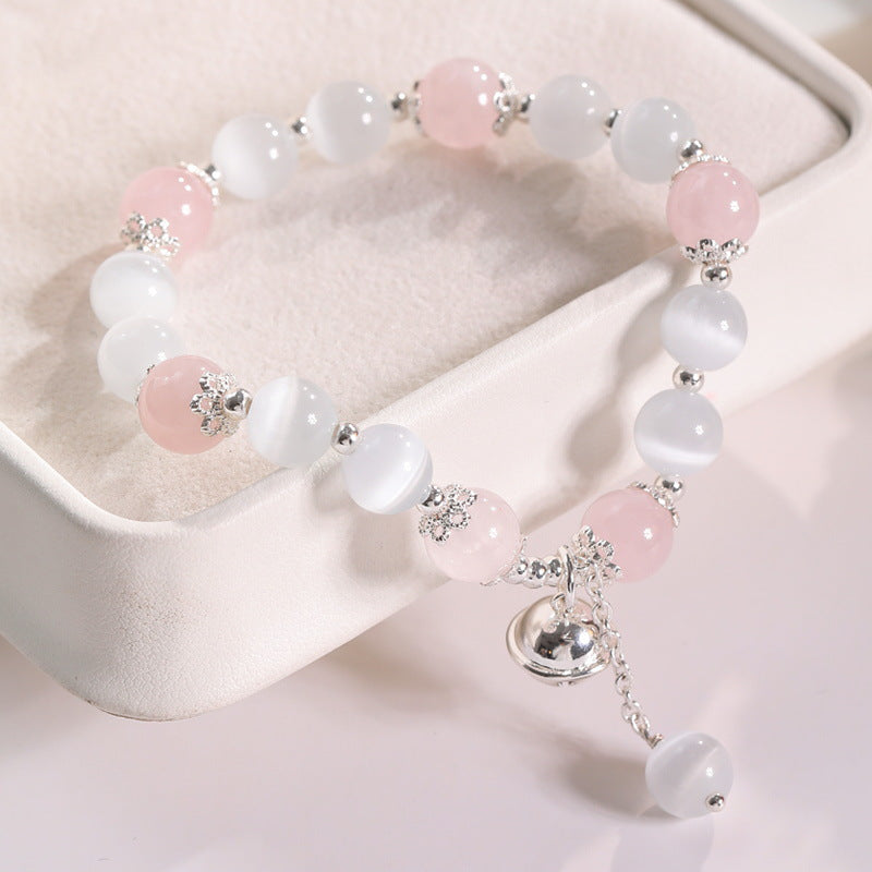 Sweet Style Natural Pink Quartz Strawberry Crystal Bracelet with Opal- Sterling Silver Bracelet for Girlfriend's Birthday Gift