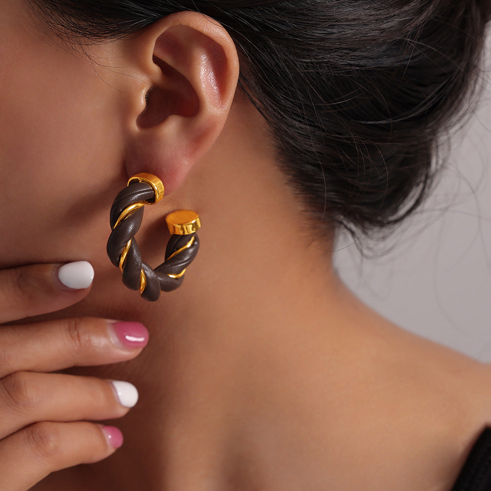 Copper C-Shaped Geometric Earrings with Leather Wrap