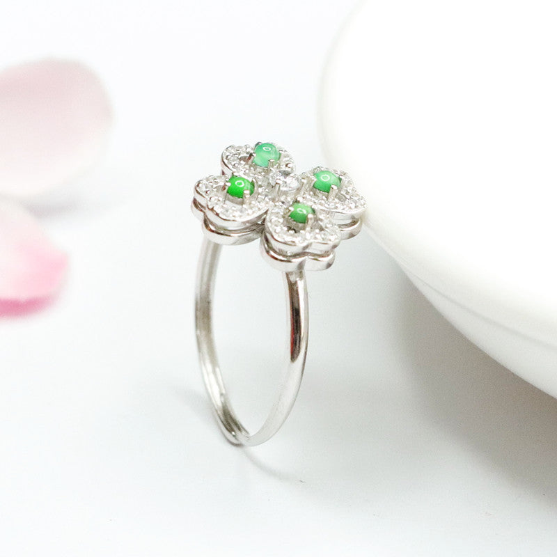 Icy Green Jadeite Clover 925 Silver Ring