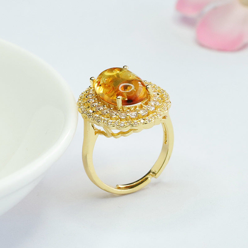 Floral Amber Double Halo Sterling Silver Ring