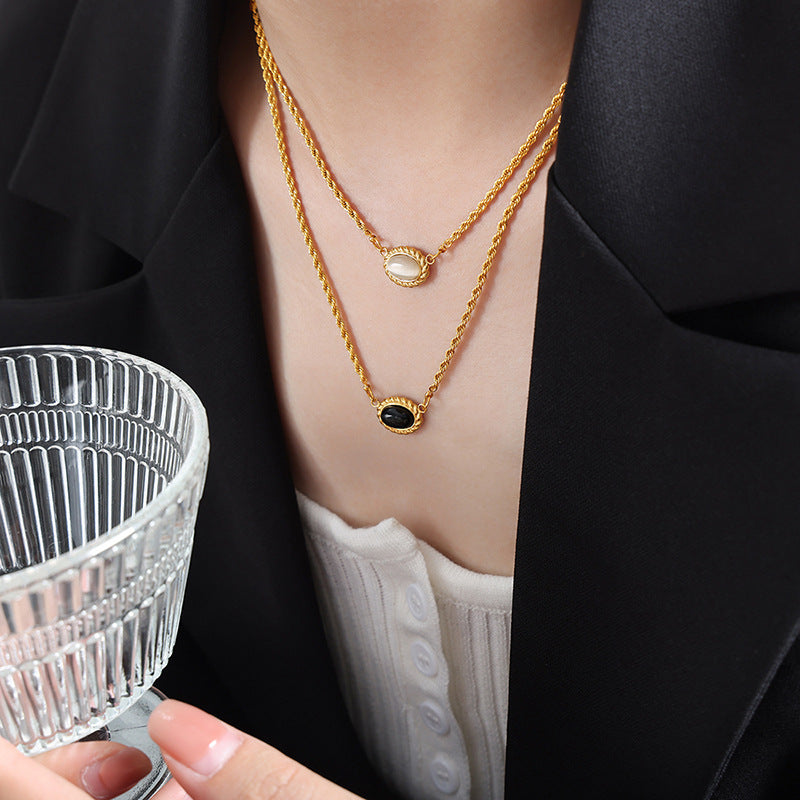 Golden Double-Layer Oval Acrylic Inlay Necklace for Women