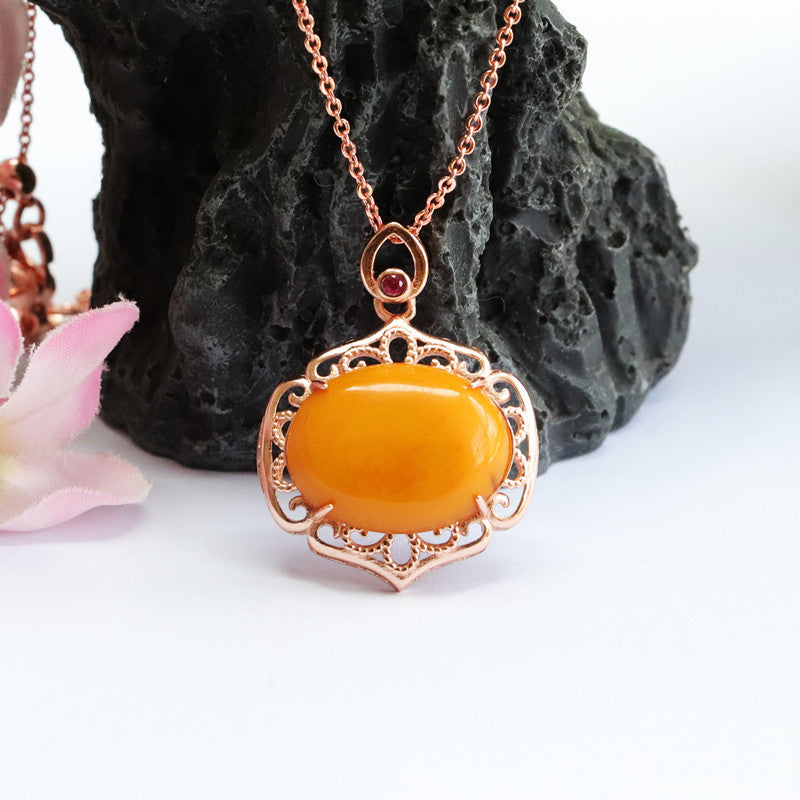 Rose Gold Necklace with Beeswax Amber Pendant and S925 Silver Hollow Rose Gold Necklace