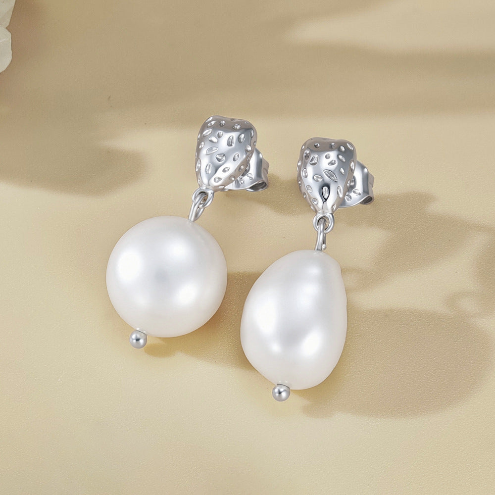S925 Sterling Silver French Retro Baroque Natural Pearl Stud Earrings Light