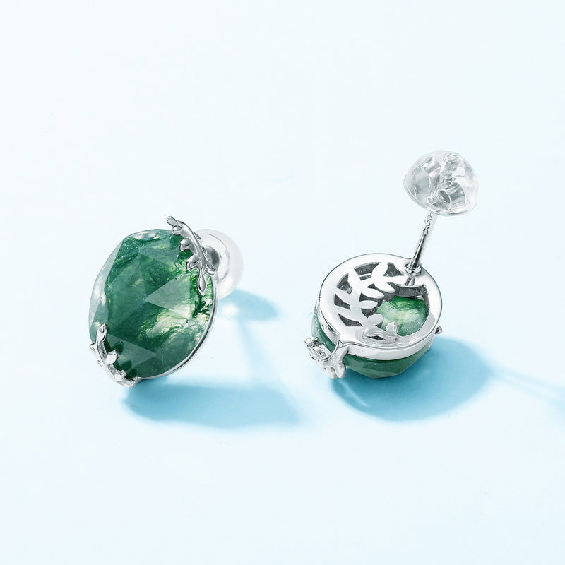 S925 Sterling Silver Moss Agate Signature Stud Earrings
