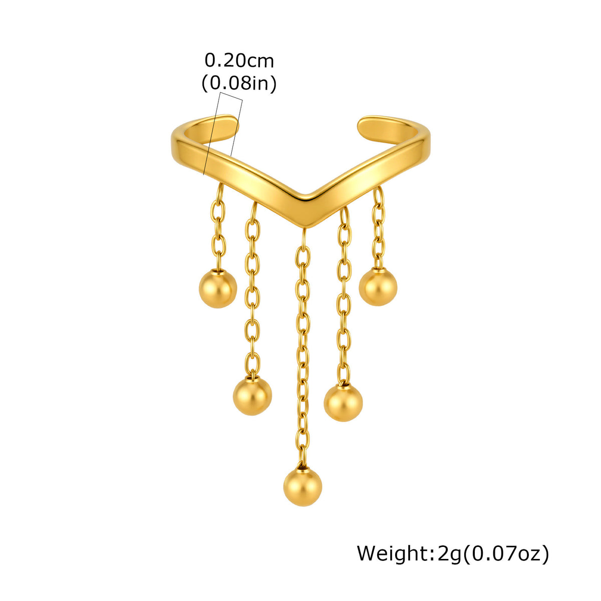 Ladies Open Ring Stainless Steel Gold V-Shaped Imitation Pearl Tassel Elegant