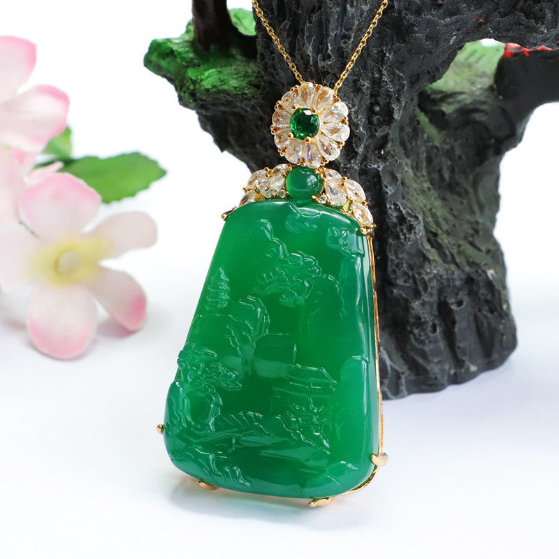 Golden Necklace with Natural Trapezoid Green Chalcedony Landscape Carving Pendant and Zircon Accents