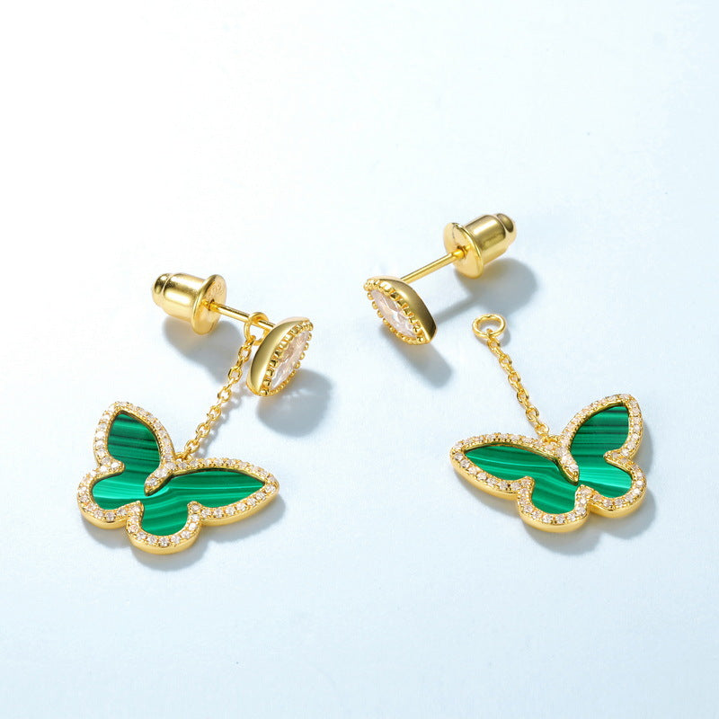 Marquise Shape Zircon Tassel Malachite Butterfly Pendant Sterling Silver Drop Earrings