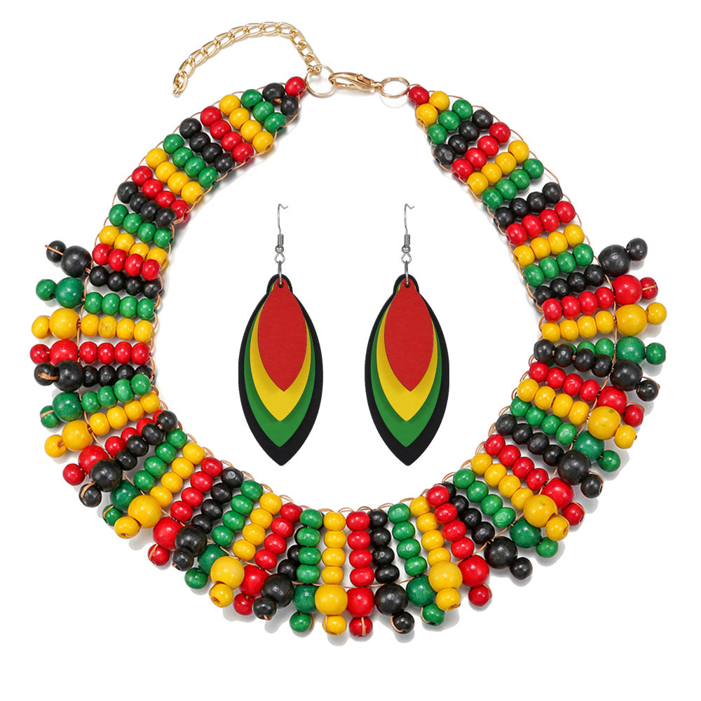 Handcrafted Multi-layer Wooden Bead Necklace with African-inspired Woven Design