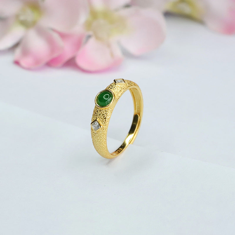Vintage Sterling Silver Ring with Natural Ice Emperor Green Jade and Square Zircon