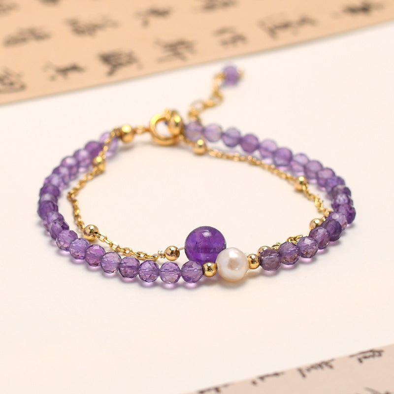 Elegant 4MM Cut Amethyst Double-layered Bracelet with Pearl Crystal - Perfect Gift for Girls