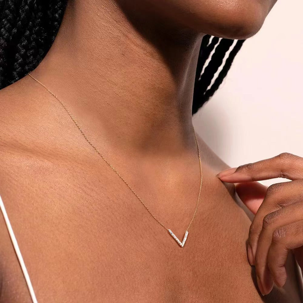Planderful Moissanite Necklace V Shaped Dainty Clavicle Chain S925 Sterling Silver Sparkling Jewelry For Her