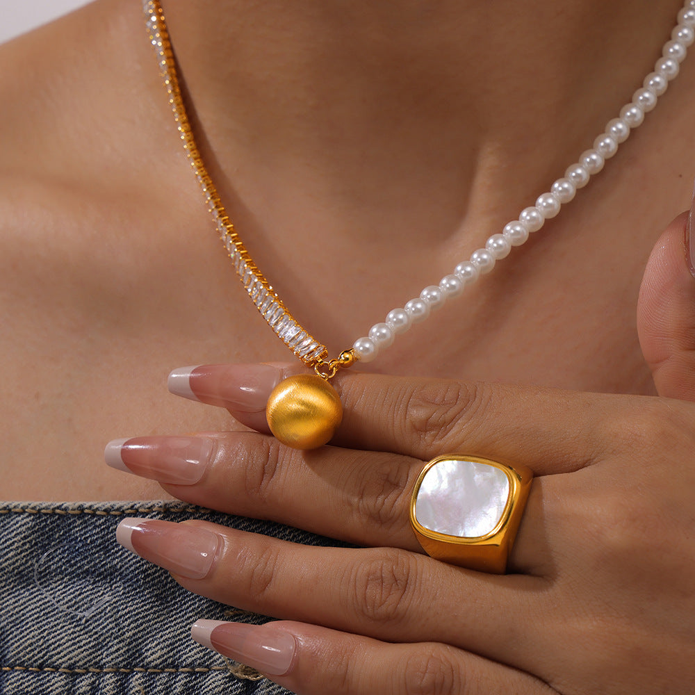 Elegant Copper Chain Pendant with Shell Bead and Zircon Detail