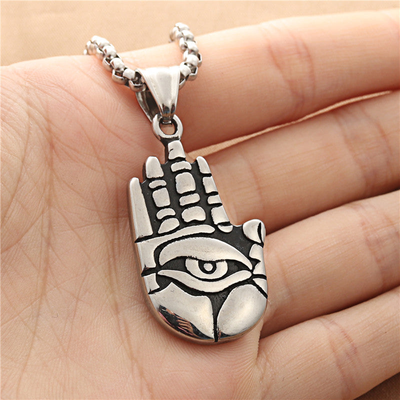 Personalized Titanium Steel Bergamot Eye and Buddha Hand Pendant Necklace for Men - Retro Punk Trendy Design