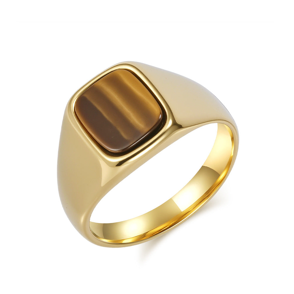 Planderful Tiger's Eye Ring Titanium Steel Inlaid Unisex Modern Gem Ring For Men And Women
