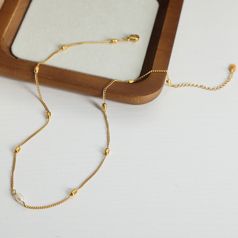 Elegant Freshwater Pearl Pendant Necklace in Titanium Steel Gold-Plating