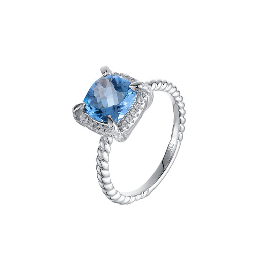Soleste Halo Square Natural Blue Topaz Silver Ring