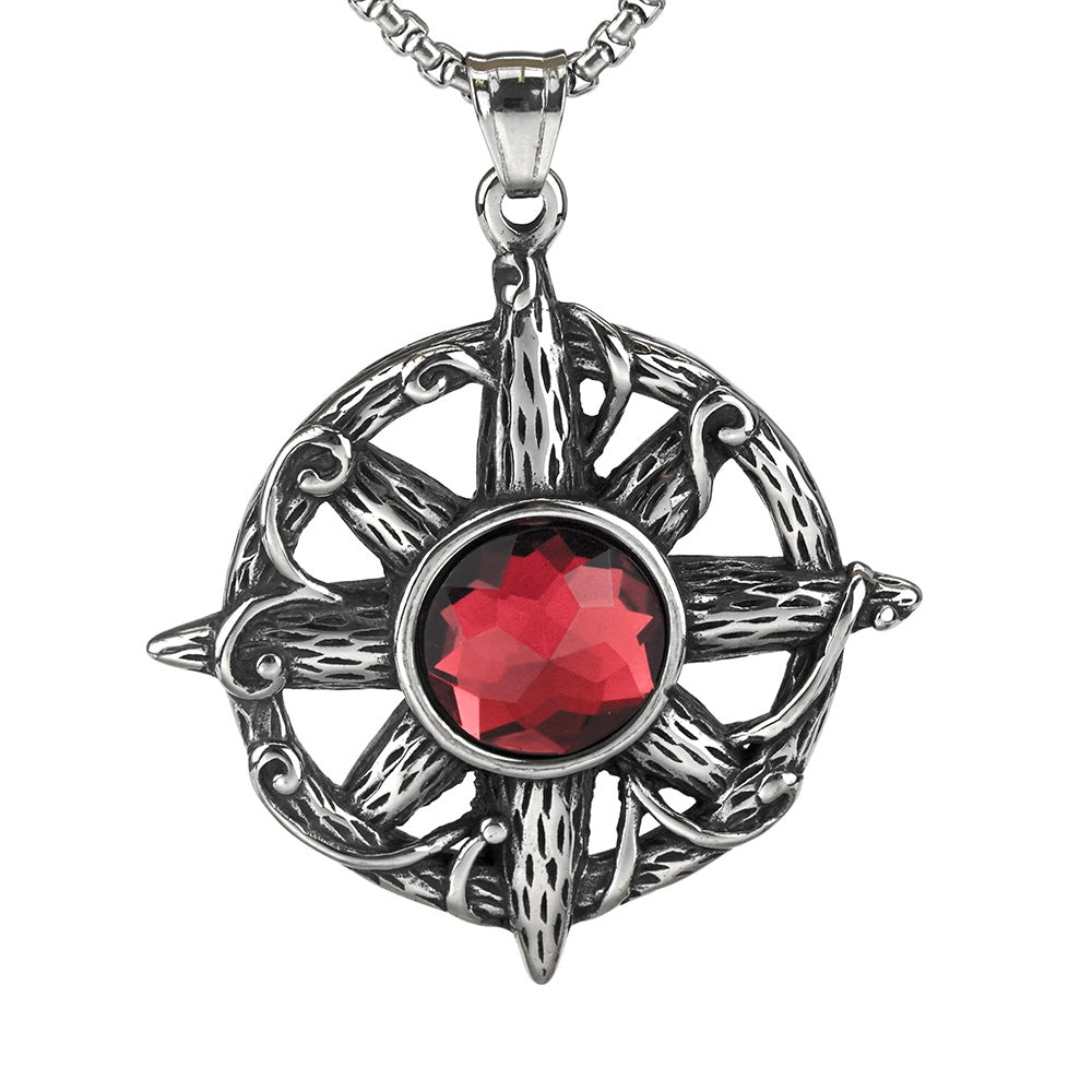 Retro Stainless Steel Men's Pendant Cross with Red Stone