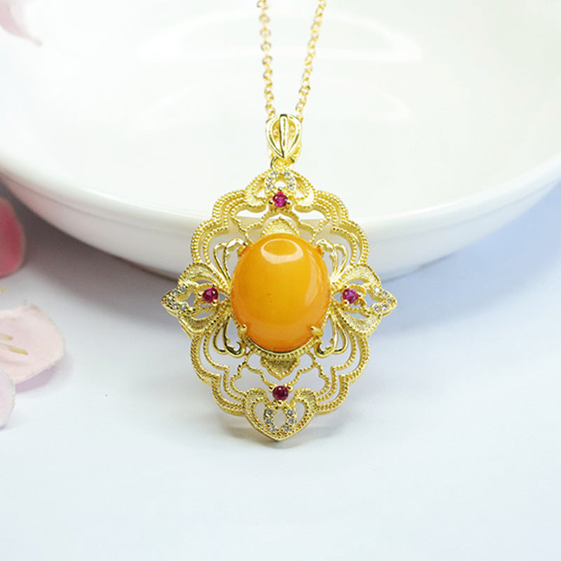 Floral Sterling Silver Necklace with Honey Amber Pendant