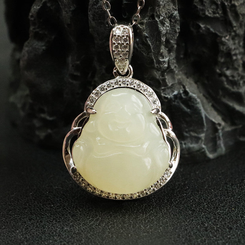 S925 Silver Natural Hetian Jade Pendant Buddha Zircon Necklace Jewelry
