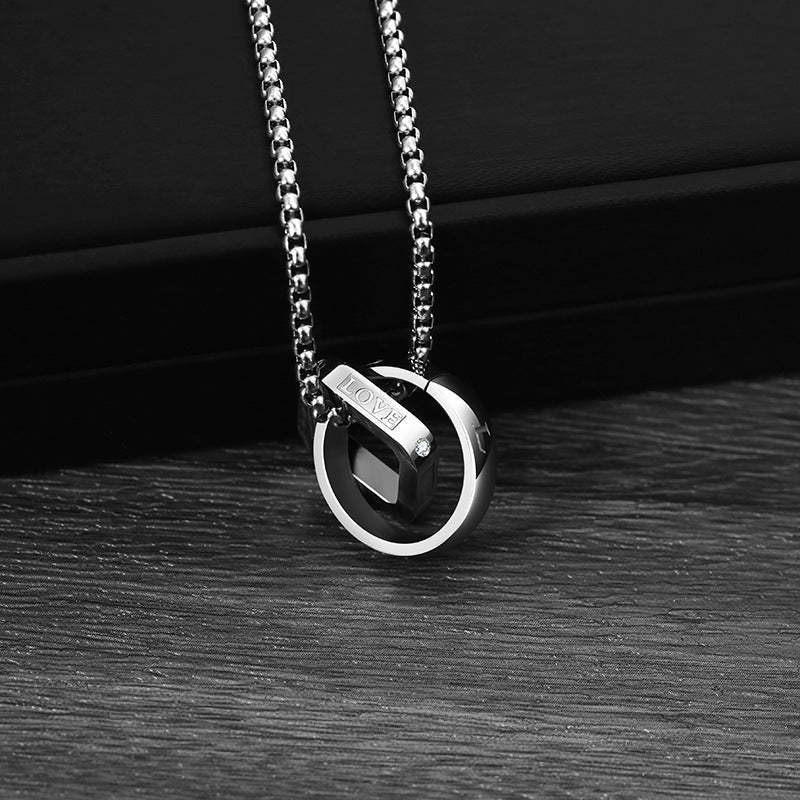 Planderful Everyday Genie Mens Titanium Steel Double Ring Necklace Does Not Fade Versatile Everyday Jewelry for Him
