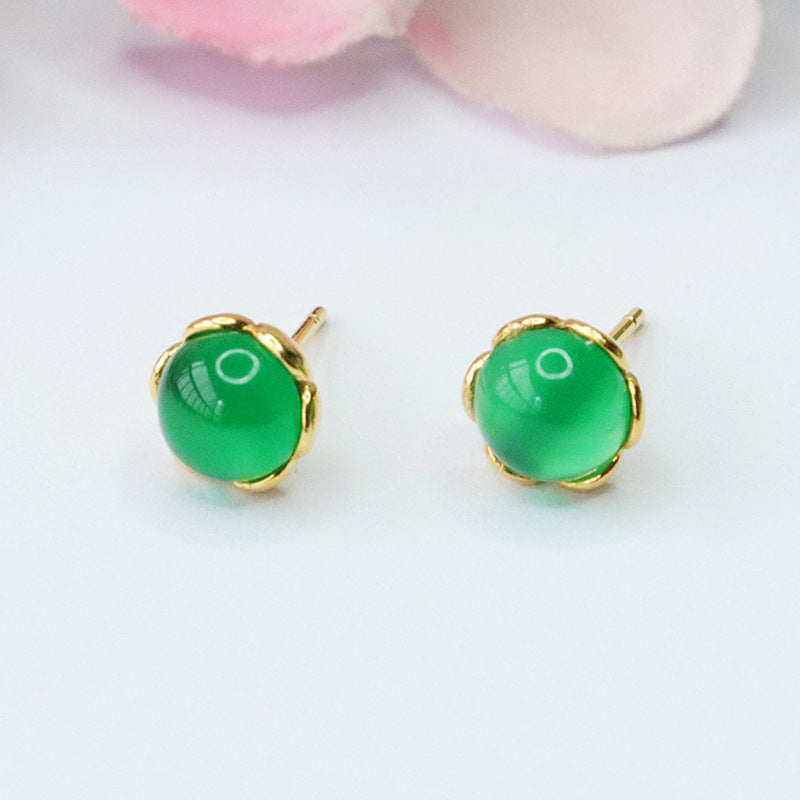 Green and Red Agate Sterling Silver Stud Earrings with Golden Petal Edge