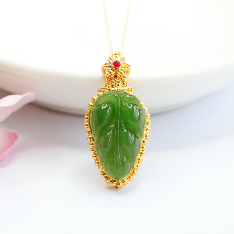 Jewelry Necklace Featuring Jasper Leaf Red Zircon Pendant with Authentic Hetian Jade