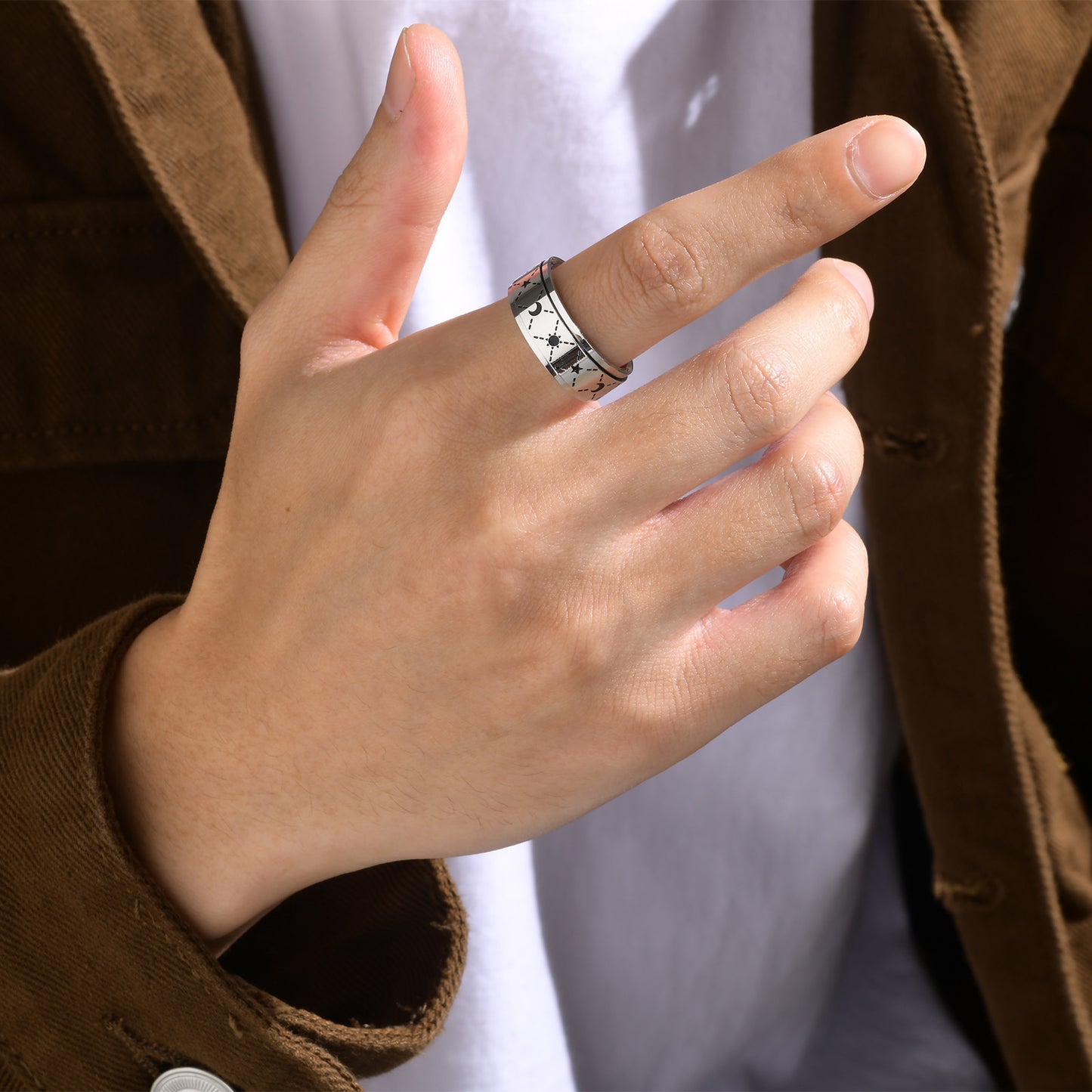 Stainless Steel Corroded Sun Moon Rotatable Ring for Men