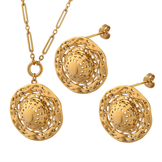Metal Hollow Straw Hat Necklace and Earrings Set for Women