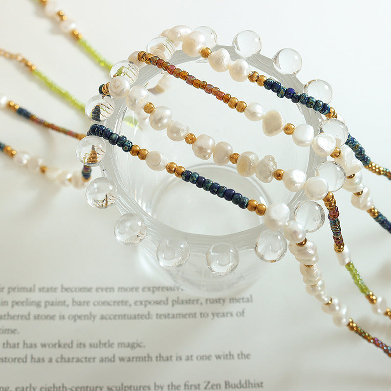 Luxurious Bohemian Collarbone Necklace with Freshwater Pearls and Natural Stones