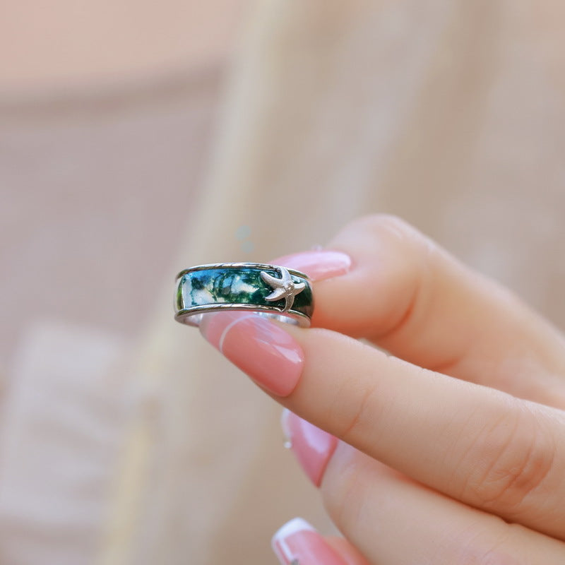 Planderful Jewelry Sterling Silver Starfish Ring With Green Moss Agate S925 Elegance