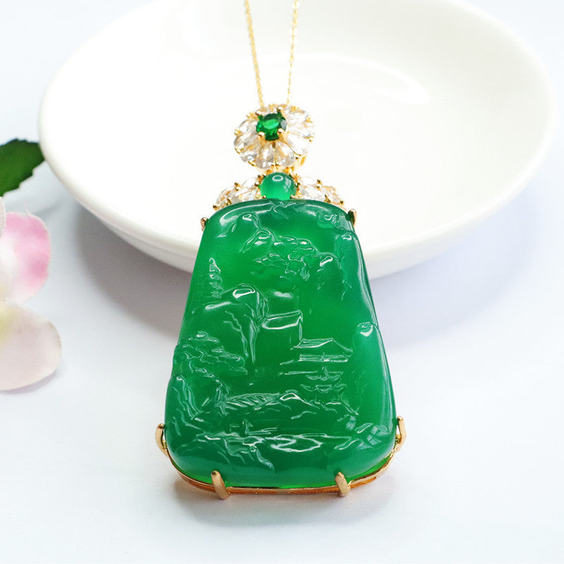 Golden Necklace with Natural Trapezoid Green Chalcedony Landscape Carving Pendant and Zircon Accents