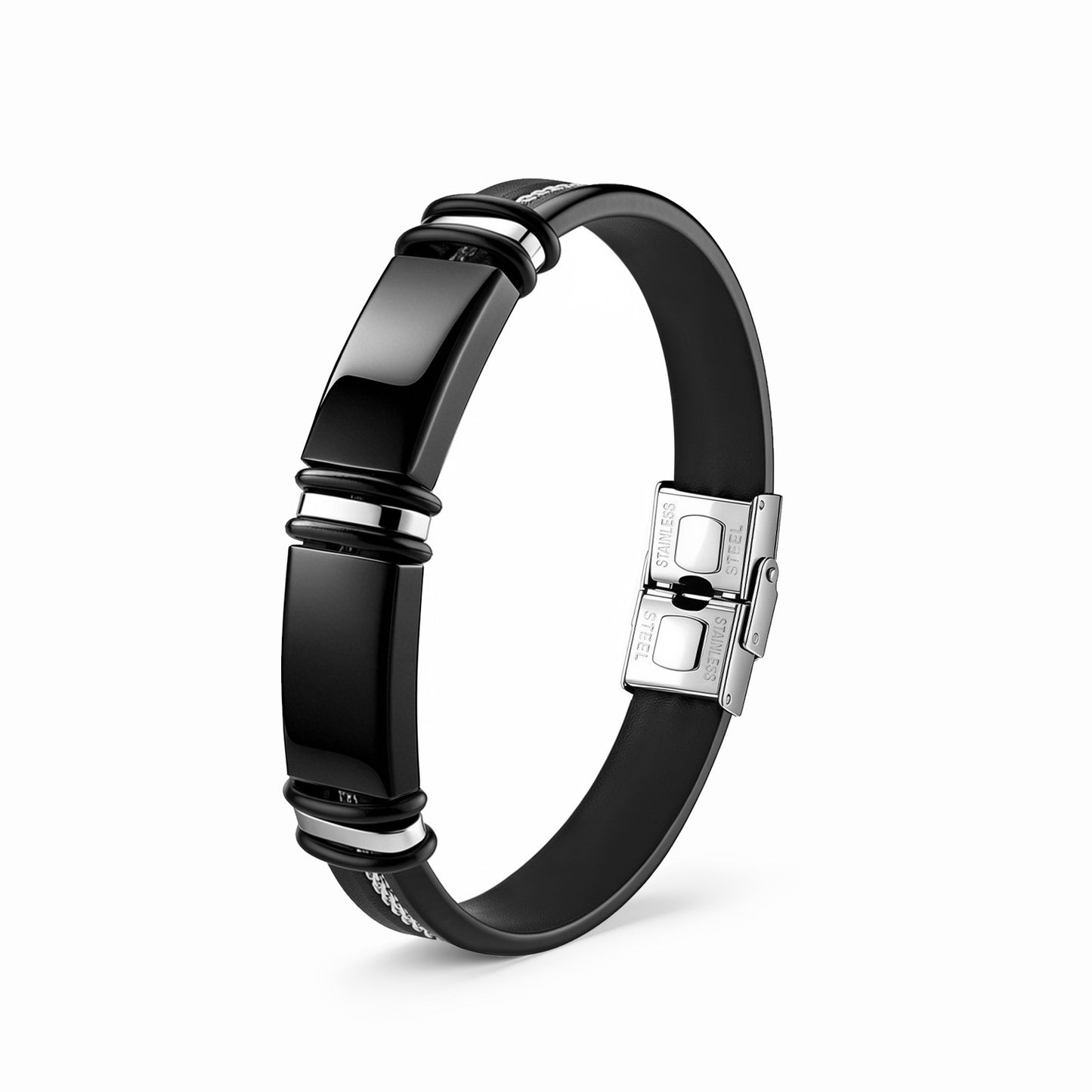 Stainless Steel Leather Rope Bracelet Two Tone Black Silver Men Unisex Protection Statement Planderful Everyday Genie