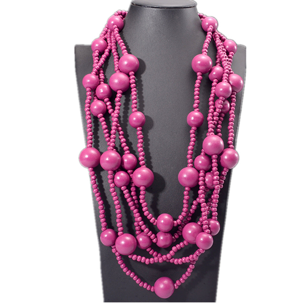 Multi-layer Wooden Bead Necklace in Ethnic Style with Dreamy Pink Jewelry