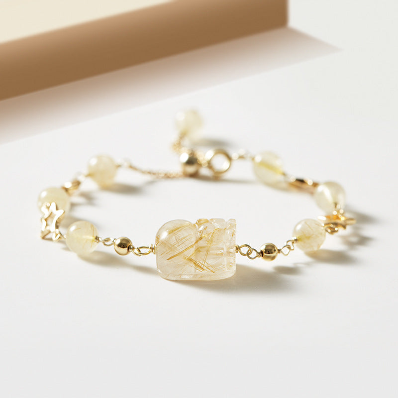 Attract Wealth with Golden Crystal Pixiu Bracelet for Girls - Unique Star Chain Design